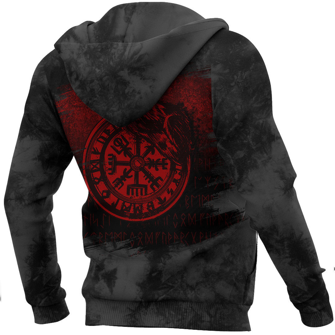 Viking Vegvisir Rune With Crow Red Viking Hoodie Helm and Hammer Shop