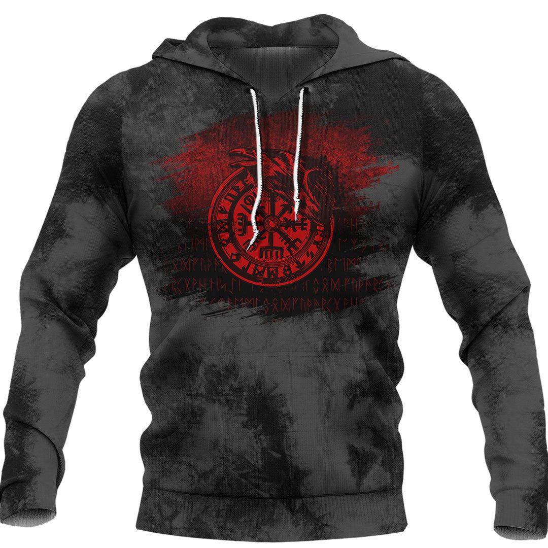 Viking Vegvisir Rune With Crow Red Viking Hoodie Helm and Hammer Shop