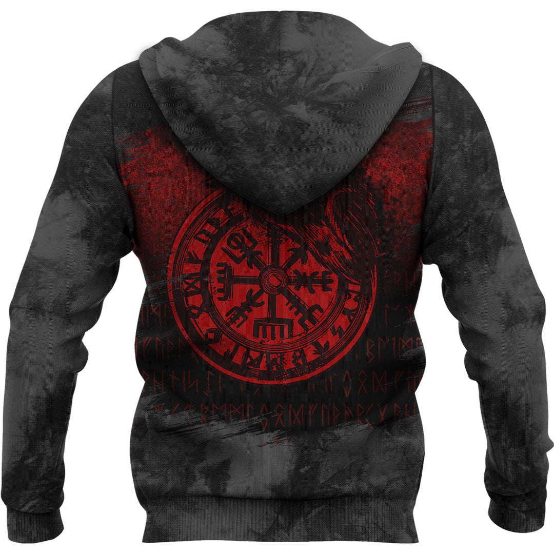 Viking Vegvisir Rune With Crow Red Viking Hoodie Helm and Hammer Shop