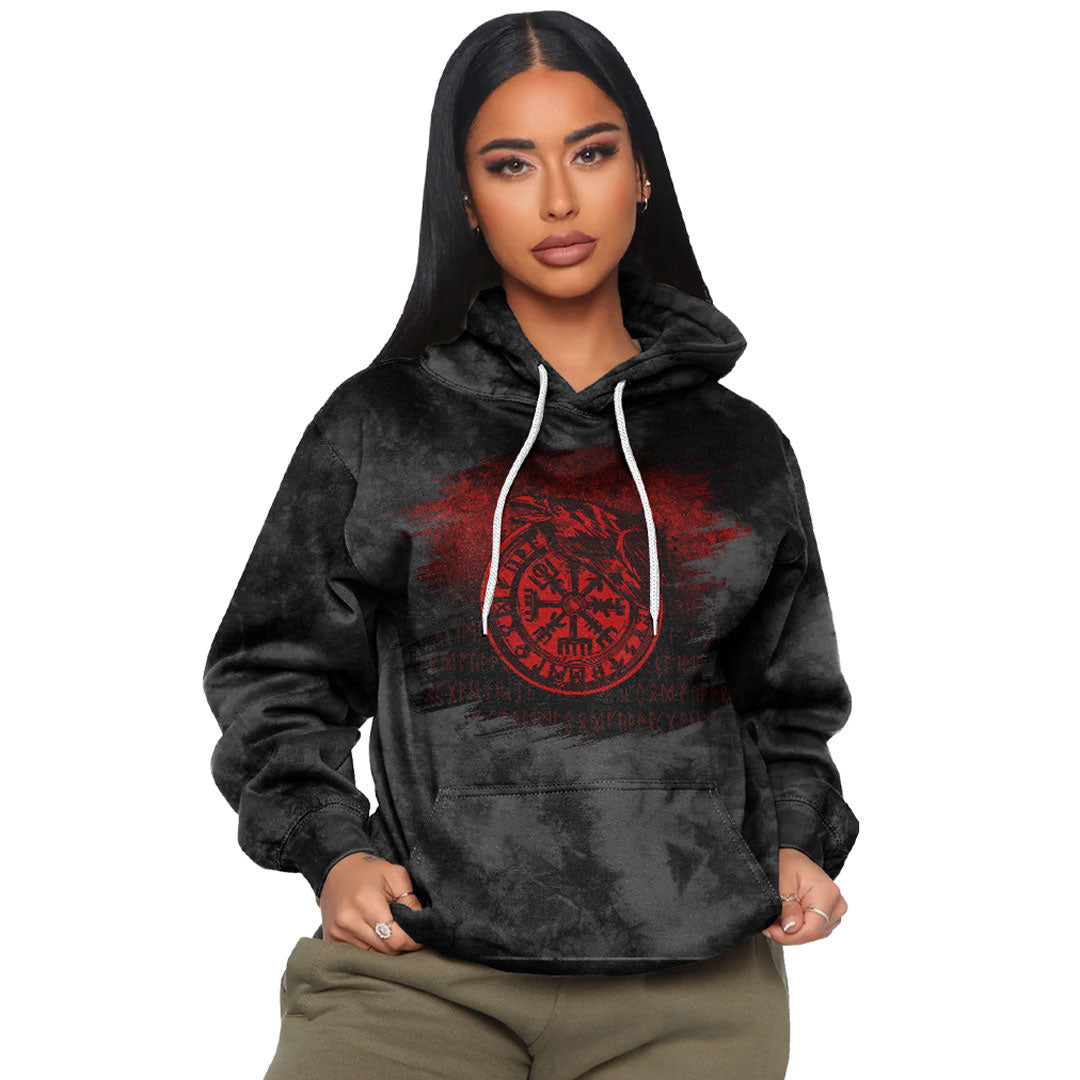 Viking Vegvisir Rune With Crow Red Viking Hoodie Helm and Hammer Shop