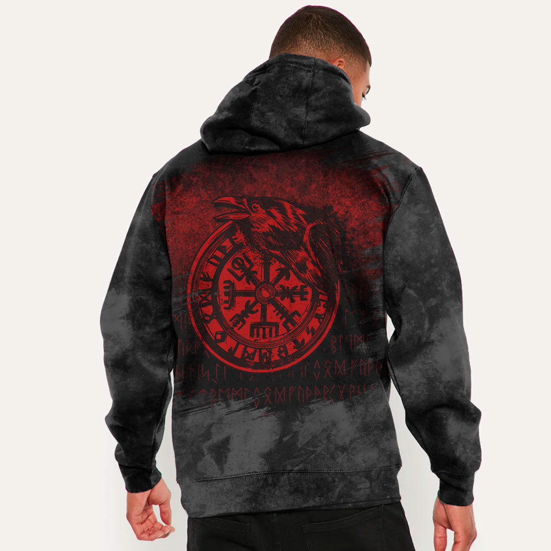 Viking Vegvisir Rune With Crow Red Viking Hoodie Helm and Hammer Shop