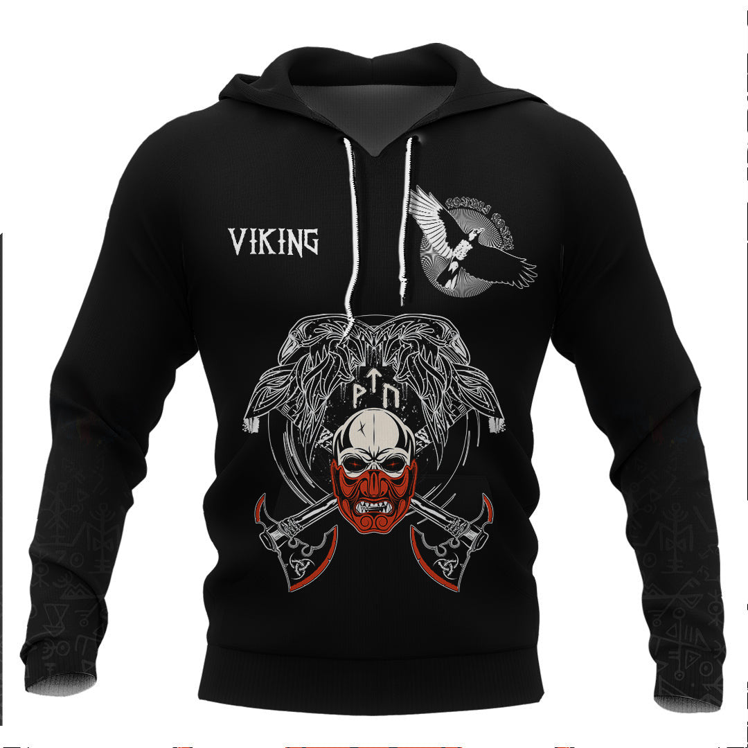 Viking Fighting Axes Raven Skull Fantasy Warrior Inscription Hero Viking Hoodie Basic Helm and Hammer Shop