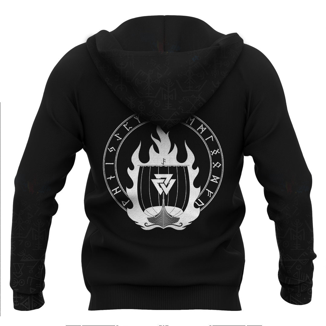 Viking Drakkar On Fire And Norse Runes Viking Hoodie Basic Helm and Hammer Shop