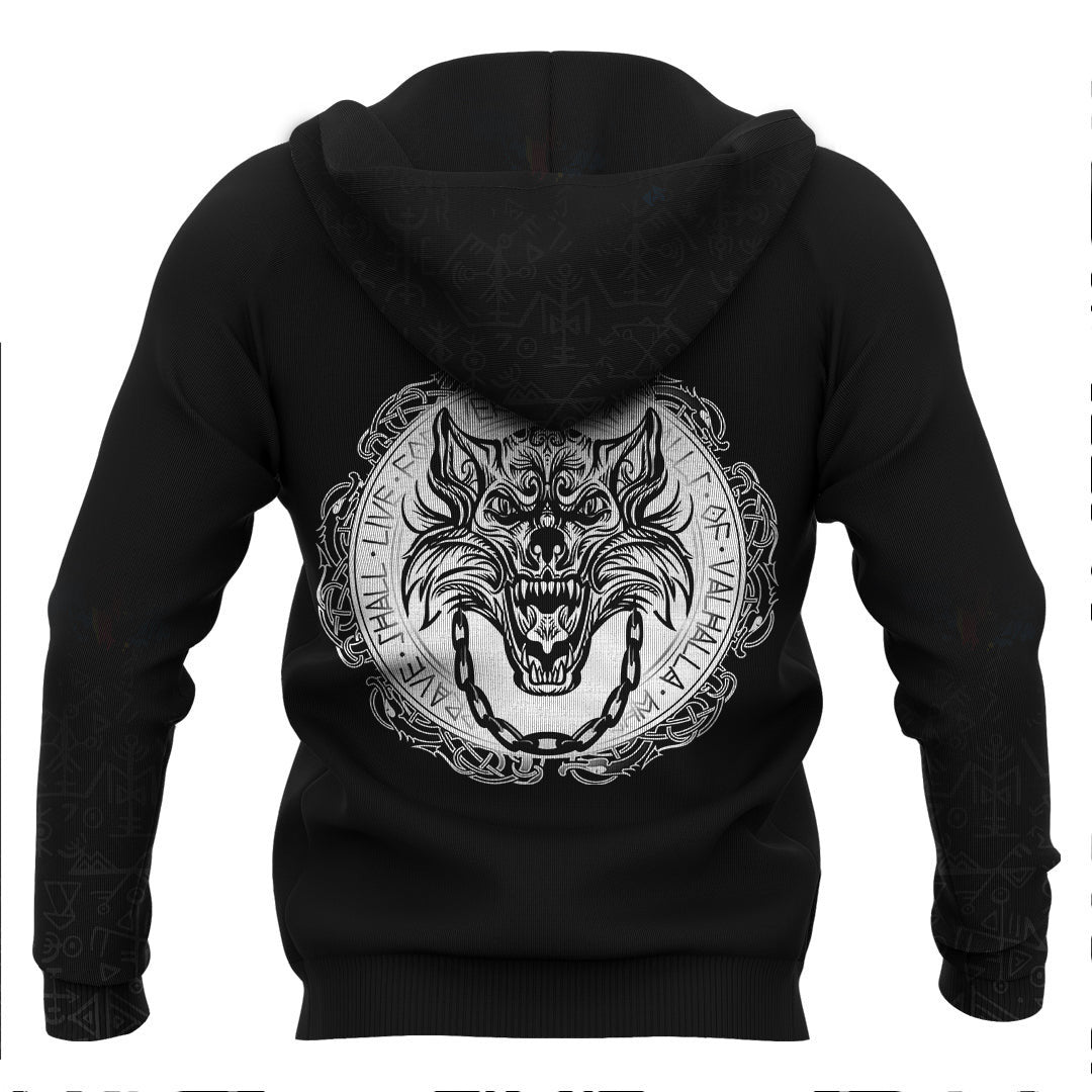 Viking Fenrir Wolf and Old Runes Viking Hoodie Basic Helm and Hammer Shop