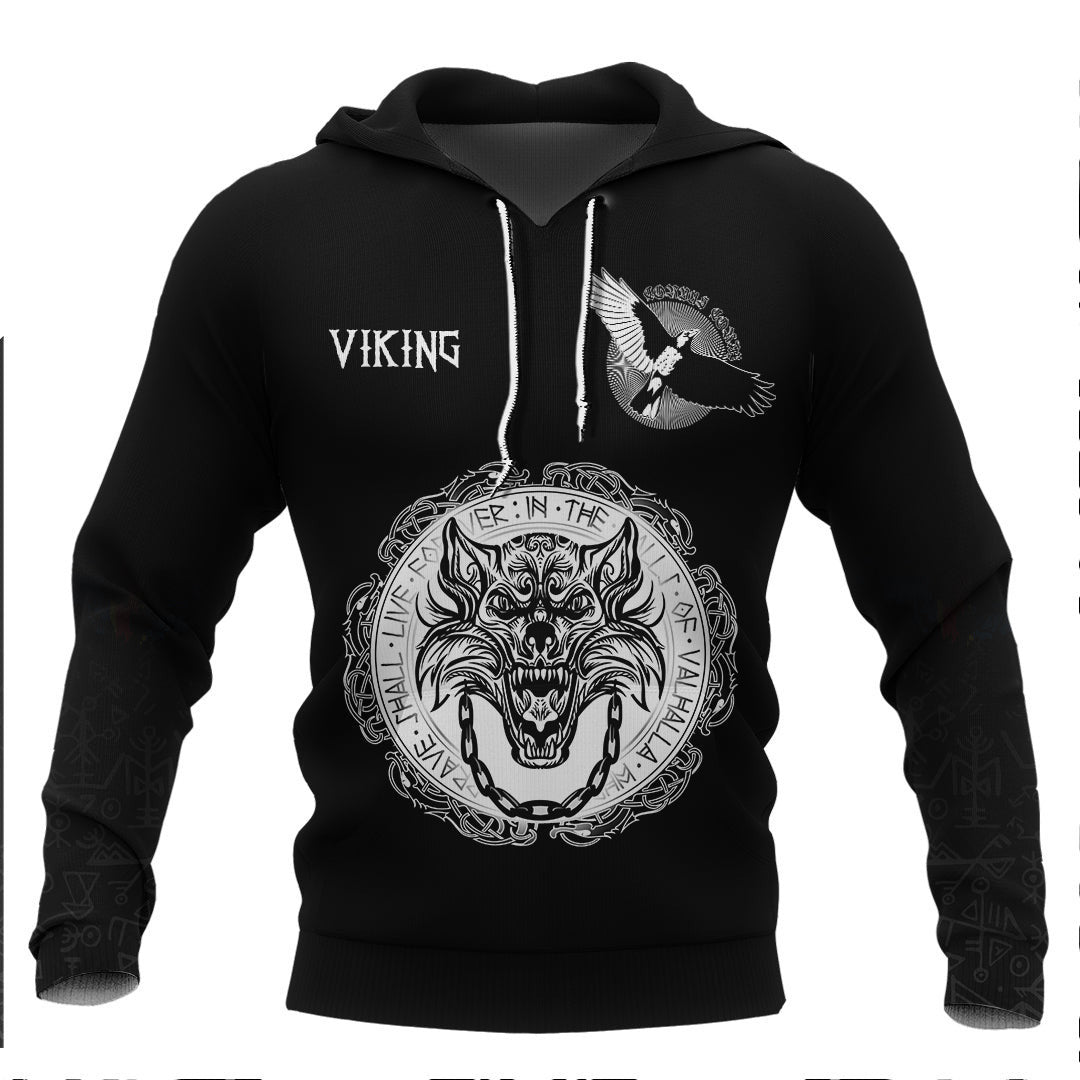Viking Fenrir Wolf and Old Runes Viking Hoodie Basic Helm and Hammer Shop