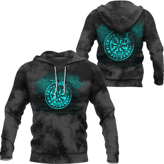 Viking Vegvisir Rune With Crow Cyan Viking Hoodie Helm and Hammer Shop