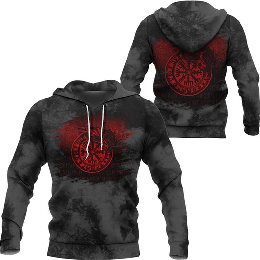 Viking Vegvisir Rune With Crow Red Viking Hoodie Helm and Hammer Shop
