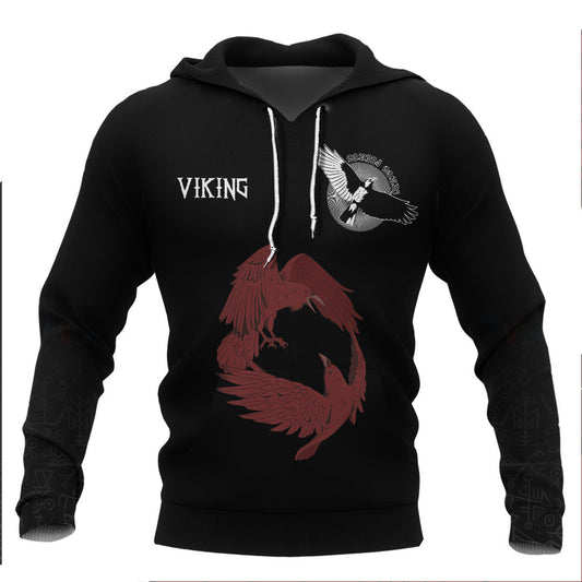 Viking Dark Red With Odin's Ravens Viking Hoodie Basic Helm and Hammer Shop