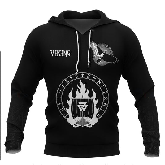 Viking Drakkar On Fire And Norse Runes Viking Hoodie Basic Helm and Hammer Shop
