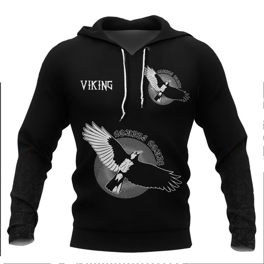 Viking Flying Mighty Black Raven Viking Hoodie Basic Helm and Hammer Shop