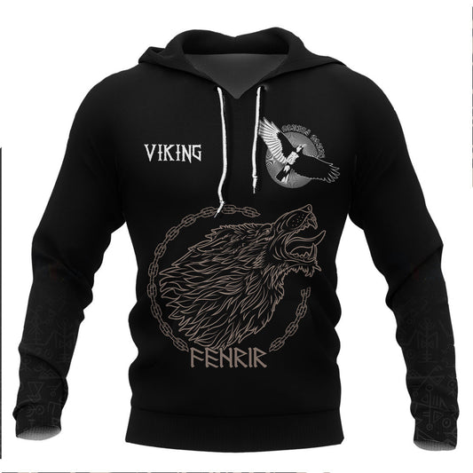 Viking Wolf Fenrir To Old Norse Mythology On White Viking Hoodie Basic Helm and Hammer Shop