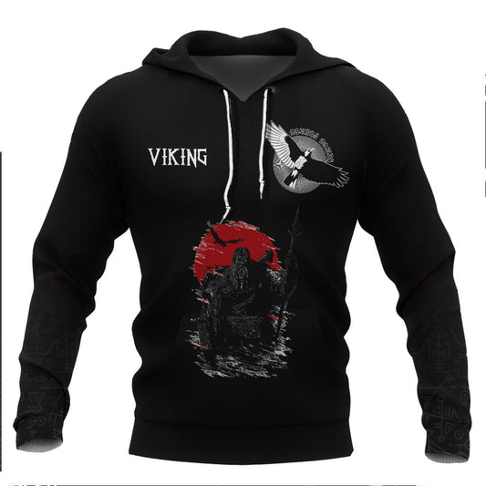 Viking The Harsh God Odin Against The Background Of Red Sun Viking Hoodie Basic Helm and Hammer Shop