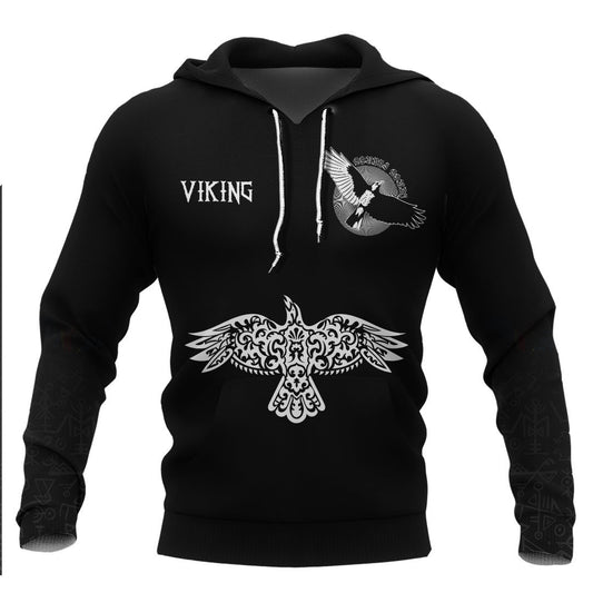 Viking Tribal Raven Ethnic Style Tattoo Viking Hoodie Basic Helm and Hammer Shop