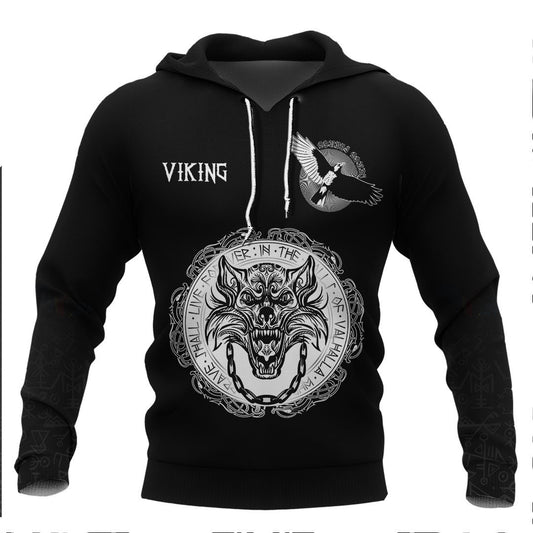 Viking Fenrir Wolf and Old Runes Viking Hoodie Basic Helm and Hammer Shop